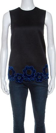 Christopher Kane Black Cotton Blend Flower Applique Trim Sleeveless Top