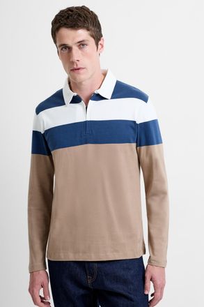 French Connection Mens Beige Cotton Striped &frac14; Collared Long Sleeve Polo - Size X-Large