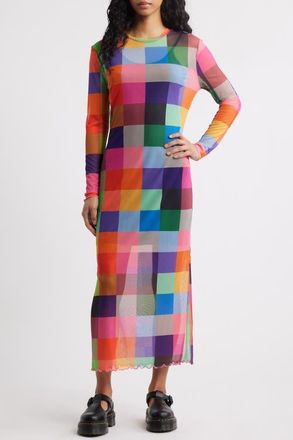 Dressed in Lala Mad About You Long Sleeve Mesh Midi Dress in Multicolor Check at Nordstrom, Size X-Large