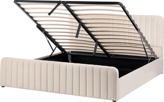 Beliani Cama Con Almacenaje Elevable De Terciopelo Acolchado Patas Metal 180 X 200 Cm Beige Lunan