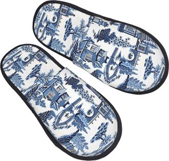 Generic Plush House Slipper Asia Oriental Blue House Shoes Soft Spa Slippers for Winter Indoor Bedroom M