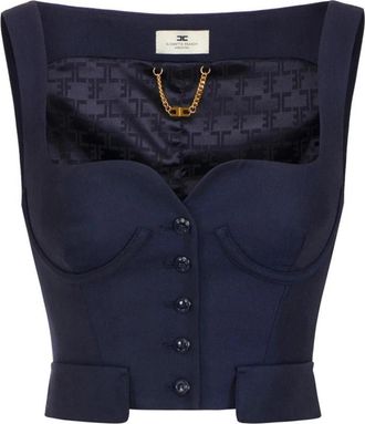 Elisabetta Franchi Top van coole wol en tule - Dames - Tops zonder mouwen - Blauw - XL - Wol - Tops