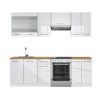 Vicco Mueble De Cocina Fame-line, Blanco Alto Brillo/blanco, 240 Cm, Et Roble