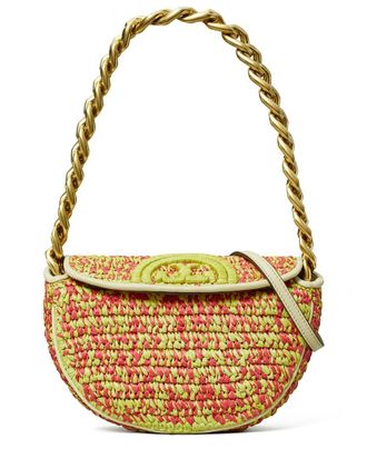 Tory Burch Fleming Soft Crochet Raffia & Leather Mini Crescent Bag