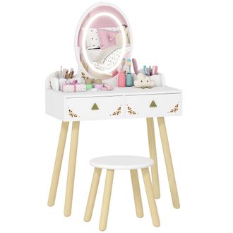 OEM Tocador De Maquillaje Ni&ntilde;a Con Luces Led De 3 Colores Taburete Espejo 2 Cajones 2 Cajas De Almacenaje Blanco