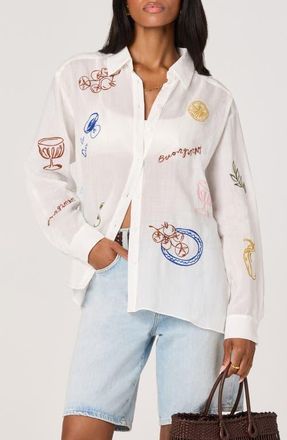 ASTR the Label Trace Embroidered Button-Up Shirt in White Picnic at Nordstrom, Size X-Small