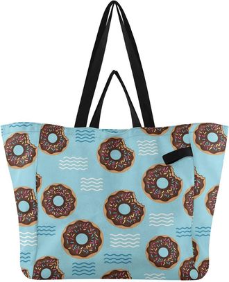 Generic Donuts Blue pattern Reusable Canvas Tote Bag, Heavy Duty Grocery Shopping Bag with Large Capacity Double Handles Hard Bottom Work Groceries Travel