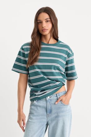Good American Womens The OverSized T-Shirt | Harbor Stripe Deep Teal, Size Medium | Good American by Khlo&Egrave; Kardashian