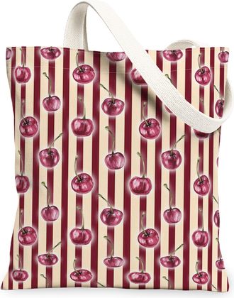 Generic Cherries Striped Canvas Tote Bags, Retro Fruit Pattern Reusable Grocery Bags, Summer Lightweight Washable Shoulder Strap Ca, Red, 13x15 Inch