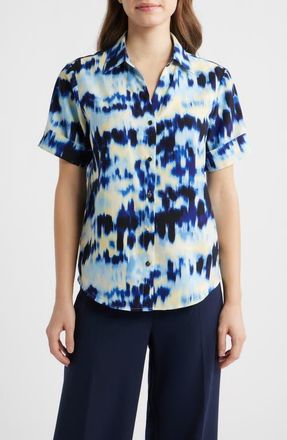 Anne Klein Crepe Button-Up Shirt in Lakeshore Multi at Nordstrom, Size X-Small P