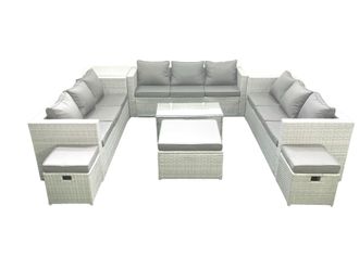 Fimous Rattan Garden Outdoor Furniture Set 12 Seater Garden Sofa Coffee Table Set with 3 Footstools Side Table Light Grey Mixed