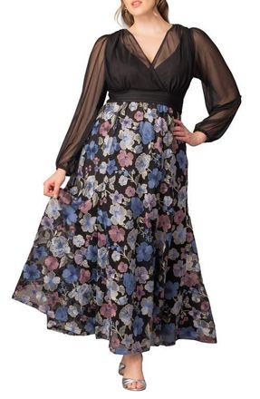 Kiyonna Isabella Embroidered Long Sleeve Gown in Floral Frolic at Nordstrom, Size 0X