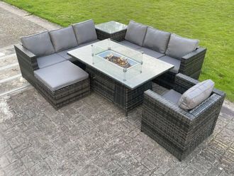 Fimous Rattan Garden Corner Furniture Gas Fire Pit Table Sets Gas Heater Lounge Chair in Dark Grey