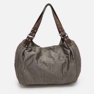 DKNY Dkny Grey/brown Logo Print Nylon And Leather Hobo