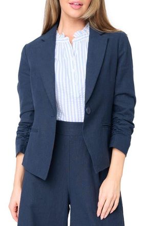 Gibsonlook Ruched Sleeve Linen Blend Blazer in Dark Navy at Nordstrom, Size X-Small