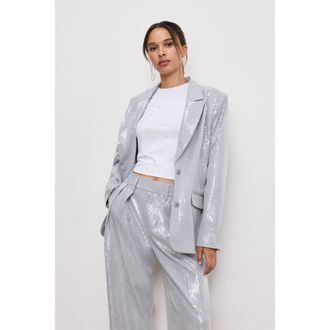 Good American Womens Sequin OverSized Blazer | Heather Grey, Size Medium | Good American by Khlo&Egrave; Kardashian