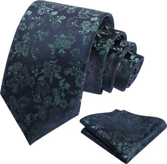 Alizeal Mens 8cm Floral Patterned Tie with Pocket Square Stylish Unique for Business Wedding Party Necktie Set, Dark Green