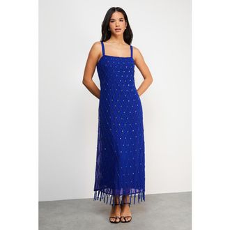 Warehouse Hand Embellished Fringe Hem Midi Dress in Cobalt at Nordstrom, Size 6