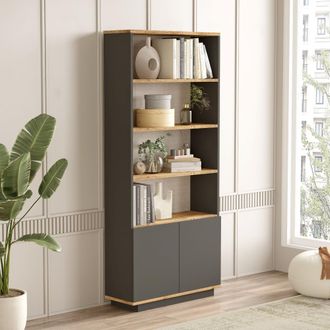 Dmora Biblioteca Dego, 3 Estantes, 2 Puertas, Instalaci&oacute;n Libre, 75x27x168h Cm Negro Antracita