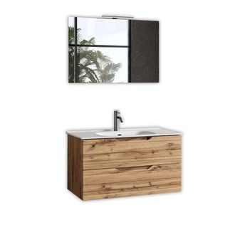 Aquadesign Mueble de ba&ntilde;o con espejo de 4 piezas en mdf roble nudos