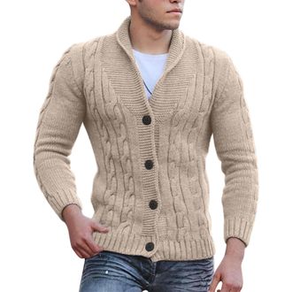 Generic Mens Knitted Cardigan Cable Knit Button Up Sweater Stand up Collar V Neck Knitwear Thick Fleece Outerwear Classic Casual Stylish Sweaters Slim Fit Str