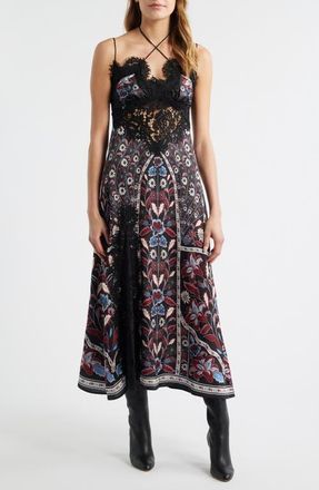 Farm Rio Marcelle Eyelash Lace Trim Halter Satin Slipdress in Black at Nordstrom, Size X-Large