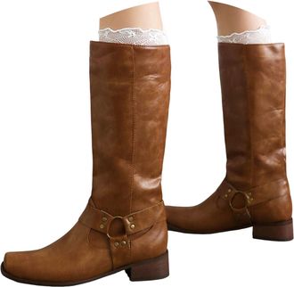 Generic Womens Knee High Boots Slip on Fashion Boot Square Toe Chunky Low Heel Fashion Buckles Vintage Riding Boots for Women Brown