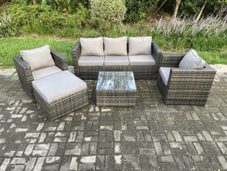 Fimous Rattan Garden Furniture Set Patio Outdoor Lounge Sofa Set with 2 Armchairs Square Coffee Table Big Footstool Dark Grey Mixed