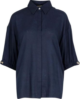 Herno Short Sleeve Shirt - Dames - Overhemden - Blauw - XL - Linnen - Overhemden