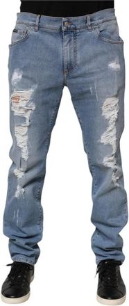Dolce & Gabbana Blauwe Tattered Slim Fit Denim Jeans - Heren - Slim Fit Jeans - Blauw - 2XL - Denim - Jeans