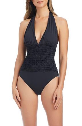 Bleu Rod Beattie Ruffle Halter One-Piece Swimsuit in Black at Nordstrom, Size 12