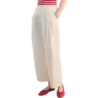 Mango Pleated High Waist Crop Wide Leg Cotton Pants in Pastel Yellow at Nordstrom, Size X-Small