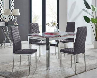 Furniturebox Enna White Glass Extending 4-6 Seater Dining Table & 4 Milan Soft Velvet Chairs in Grey