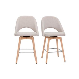 Miliboo Set De 2 Taburetes De Cocina N&oacute;rdicos De Tela Efecto Aterciopelado Texturizado Beige Y Madera De Caucho Maciza 65 Cm Cosette