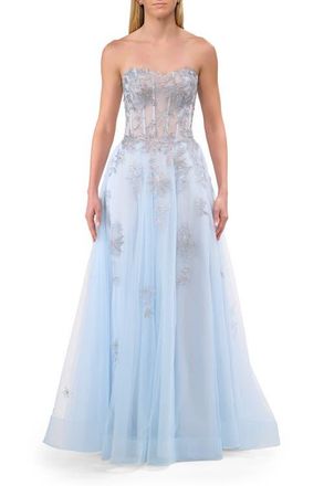 La Femme Tulle A-line Prom Dress with Gorgeous Rhinestone Lace Applique in Light Blue at Nordstrom, Size 00
