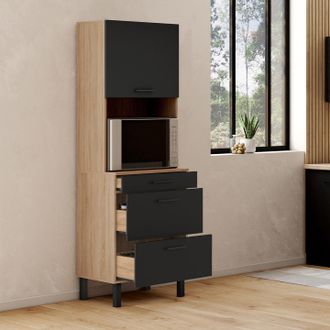 IDMarket Microondas Y Cacerolero Cina 2 Puertas 60 Cm, Acabado Haya Y Negro