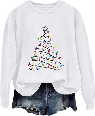 Generic Christmas Jumpers for Ladies, Tree Graphic Print Xmas Sweatshirt Soft Crewneck Long Sleeve Funny Christmas Tops for Women White