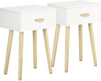 HOMCOM Homcom - juego de 2 mesitas de noche mesillas de noche con cajón y patas de madera para dormitorio salón cama oficina 40,5x30,5x60 cm blanco