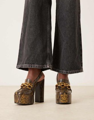Asos Polly - Mocassini con tacco alto e plateau verde scuro pitonato
