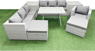 Fimous Outdoor Rattan Garden Furniture Dining Set 9-seater Patio Rectangular Table 3 Seater Sofa Armchair Set with 2 Side Tables 2 Small Stools - Fimous