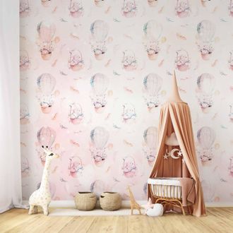 OEM Fotomural - Dise&ntilde;o Liso Con Plumas - Conejitos En Una Cesta Y En Un Globo Para Ni&ntilde;os