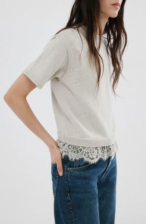 Mango Lace Trim Short Sleeve Sweater in Light/Pastel Grey at Nordstrom, Size X-Small