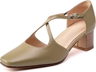 TinaCus Genuine Leather Womens Square Toe Handmade Cross Belt Buckle Low Chunky Heels Stylish Pumps Shoes, Green, 7.5 UK