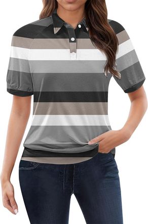 Generic Polo Shirts for Women Short Sleeve Striped Henley Shirts Ladies Golf Tops Workout Sports Gym Tops (Striped A03-Grey, L) Polo Shirts for Men Adult