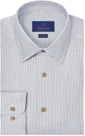 David Donahue Regular Fit Check Cotton Dobby Dress Shirt in Sky/chocolate at Nordstrom, Size 18.5