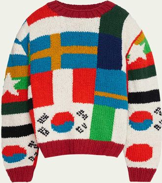 The Elder Statesman Mens Handspun Cotton Multi-Flag Crewneck Sweater