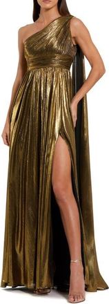 Mac Duggal Petite One Shoulder Metallic Stretch Gown With Float in Gold at Nordstrom, Size 10