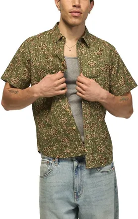 Lucky Brand Floral Short Sleeve Cotton Button-Up Shirt in Green Floral at Nordstrom, Size Xx-Large