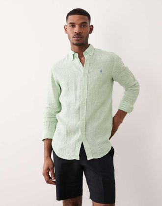 Polo Ralph Lauren Icon - Camicia a maniche lunghe in lino verde chiaro e bianco a righe con logo