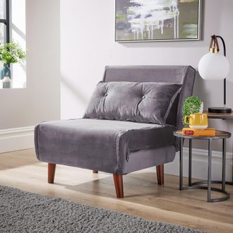 Home Source Industries Double Sofa Bed Folding Chair Velvet Wooden Legs Two Pillow Home in Grey